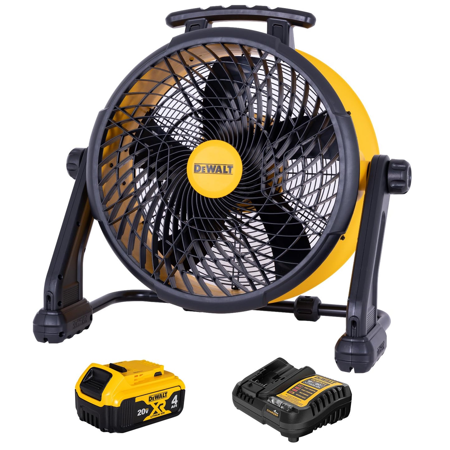 DEWALT Industrial High-Velocity Floor Fan with Battery & Charger, AC/DC Dual Power Supply, 270° Adjustable Tilt Design 3-Speed 4000 CFM 6 ft Cord 18-Inch Barrel Fan, DXF1850A