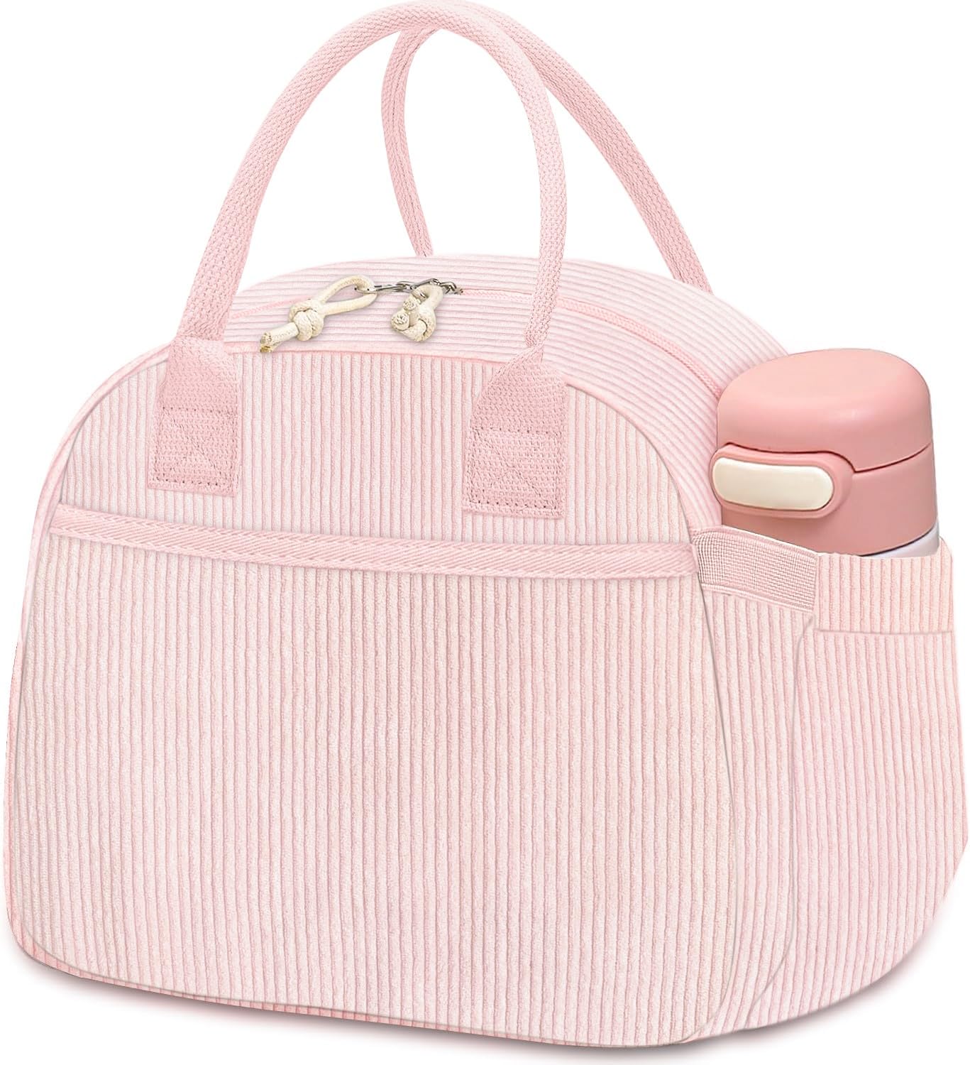 Carry bloom Lunch Box for Women, Insulated Lunch Bag Cute Corduroy Lunchbag Reusable Lunchbox for Work (bb pink corduroy)