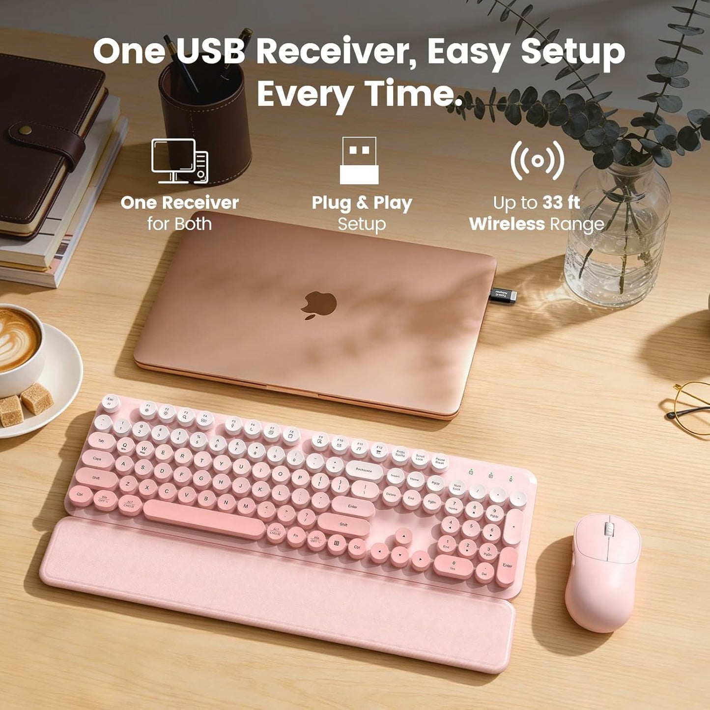 SABLUTE 2-Stage 2.4GHz Wireless Keyboard and Mouse Combo, Magnetic Soft-Touch Wrist Rest, Round Keycaps, Full-Size