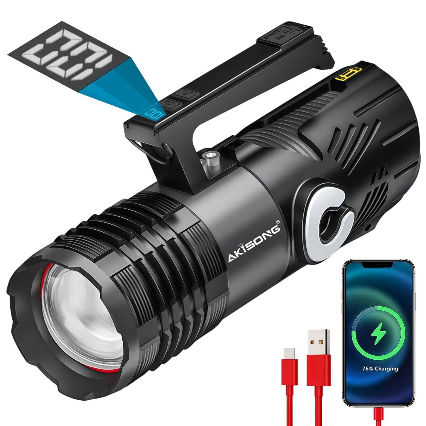 AKISONG Rechargeable XHP360 LED Spotlight Flashlight 18,000 High Lumens, 150W Ultra Bright Zoomable Searchlight with USB Output & Side Lamp, Waterproof Handheld Spotlight for Camping Hunting Emergency