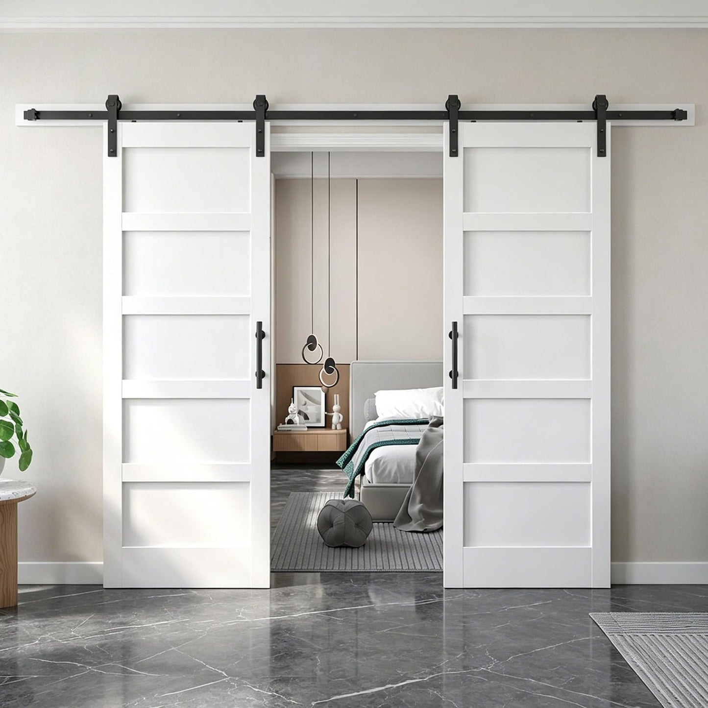 FREDBECK White Barn Door 64x80 (Double 32in x 80in) with Hardware Kit & Handle Included,5-Panel Interior Doors,Water-Proof PVC Surface,Pre-Drilled Holes,Need Assembly
