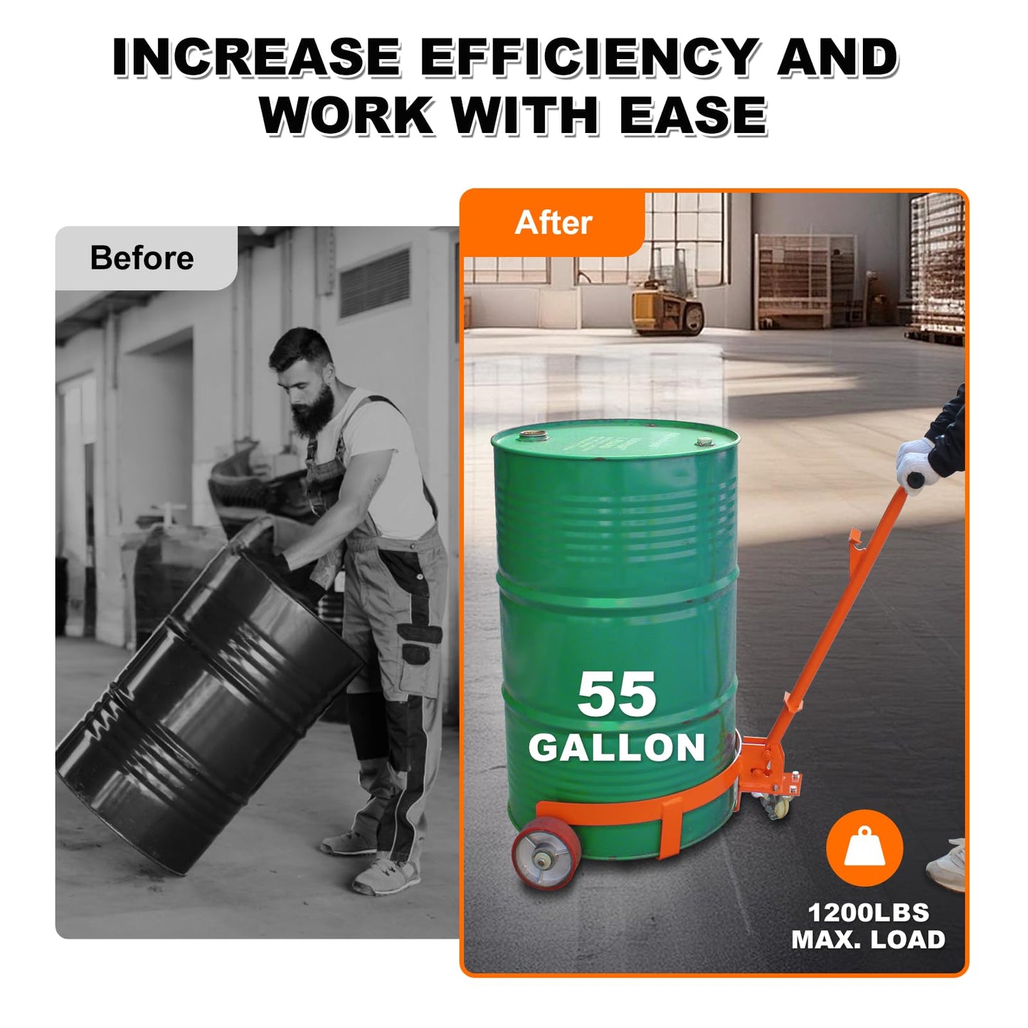 55 Gallon Drum Dolly, 1200 lbs Load Capacity, Adjustable Handle Barrel Dolly Cart with One 360° Swivel Lockable Wheel, Low Profile Steel Oil Drum Caddy for Warehouse, Workshop, Factory, Dump Station