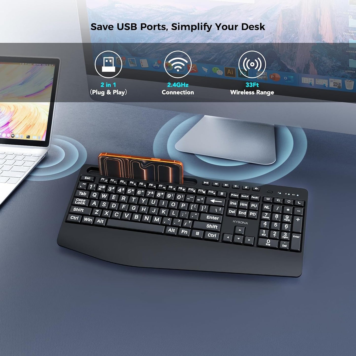 KYSONA 2.4G Large Print Wireless Keyboard, Full Size Cordless Computer Keyboard with Phone Holder, Palm Rest, Ergonomic