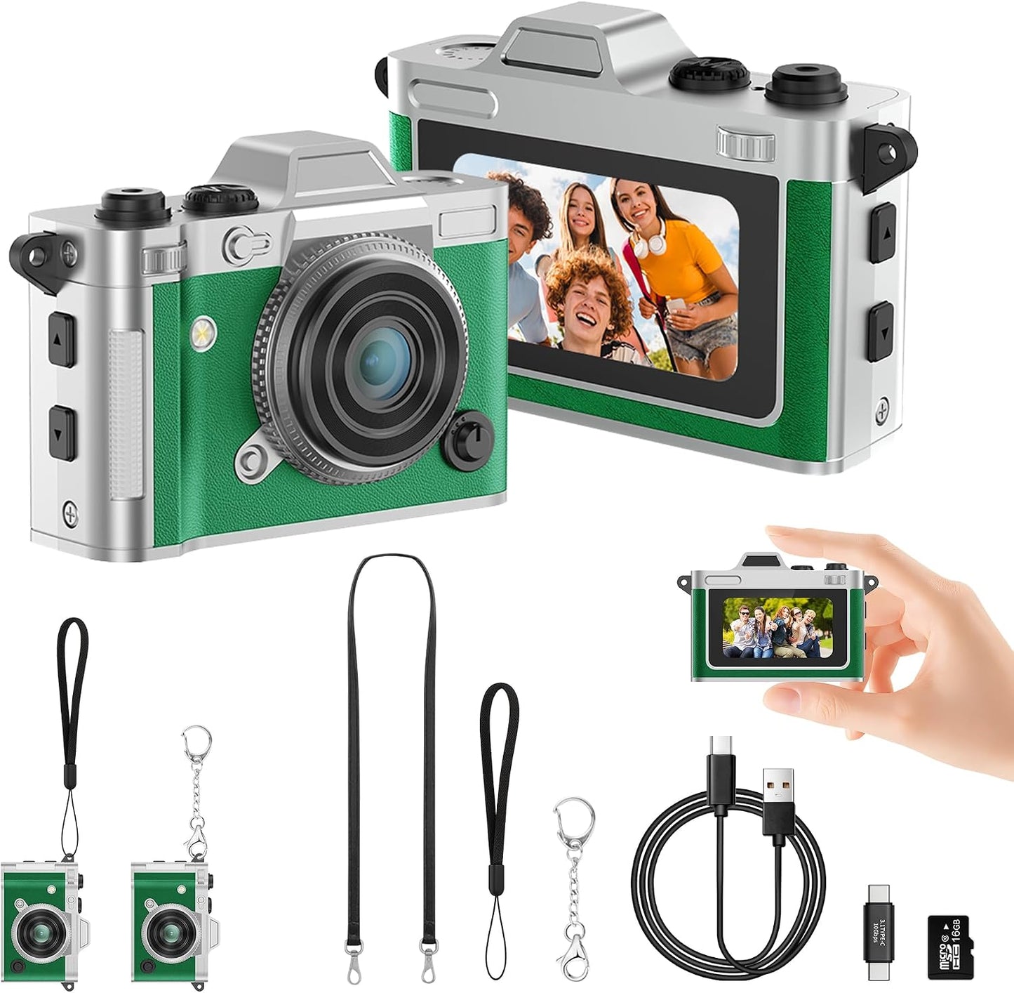 Dienspeak Y2K 2K 16GB Pocket Mini Camera, Retro Keychain Digital Camera with Leather Body, Small Portable HD Video