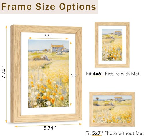 JCJMY 5x7 Solid Wood Picture Frame Set of 2 - Display 4x6 with Mat or 5x7 Without Mat | Natural Finish