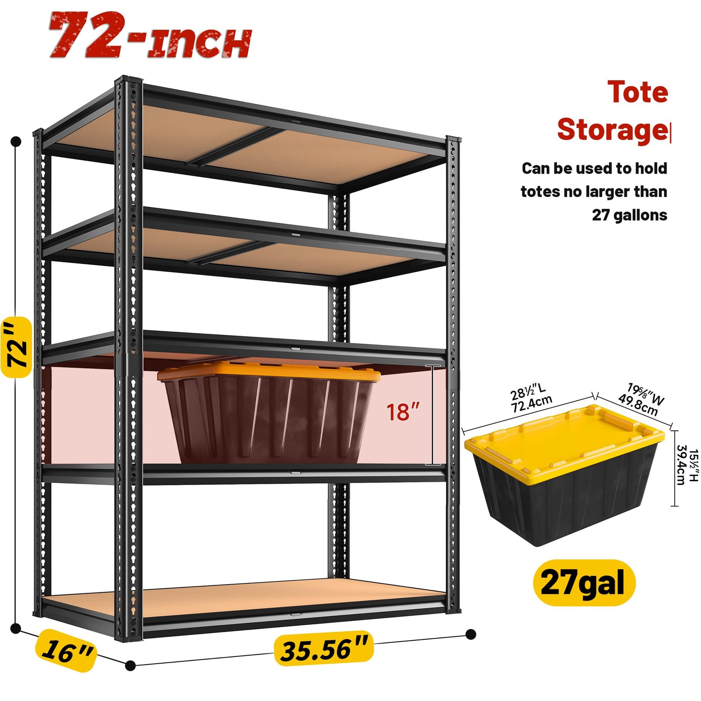 ROOMFAVE 2250LBS Storage Shelves Heavy Duty 5 Tier Garage Storage Shelves, Adjustable Metal Shelving Unit Utility Rack Shelf for Warehouse,Pantry,Closet,Kitchen 72" H x 35.56" W x 16" D, Black,Gift