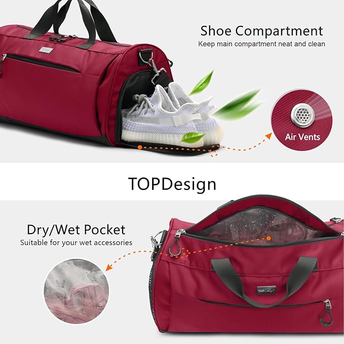TOPDesign Gym Bag for Women & Men, Unisex Duffel Bag with Shoe Compartment & Wet Pocket for Travel Sports Gym (M Red)