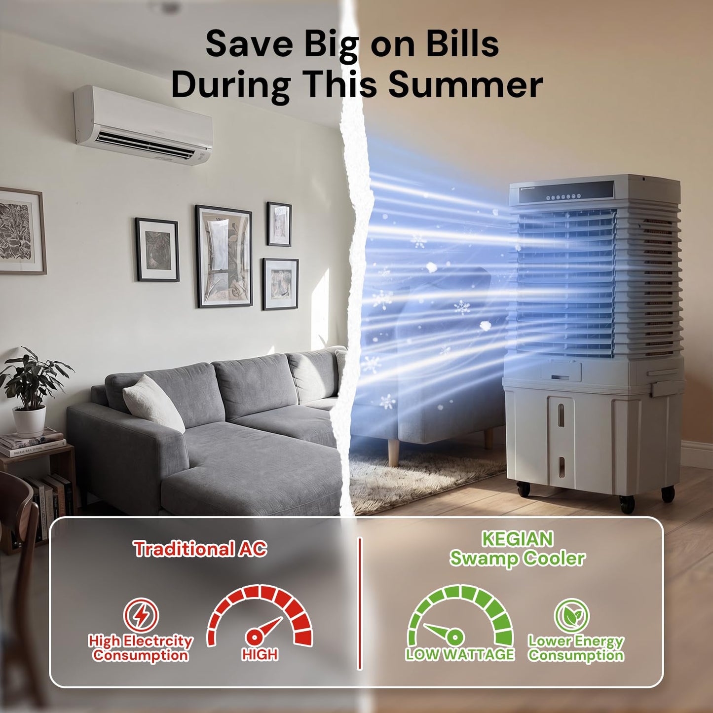 KEGIAN 4000 CFM Swamp Cooler, 41" Portable Evaporative Air Cooler w/ 13.5Gal Detachable Tank,120° Oscillation, Timer, Ambient Light, Remote, Energy Efficient Outdoor Air Conditioner for Patio, Garage