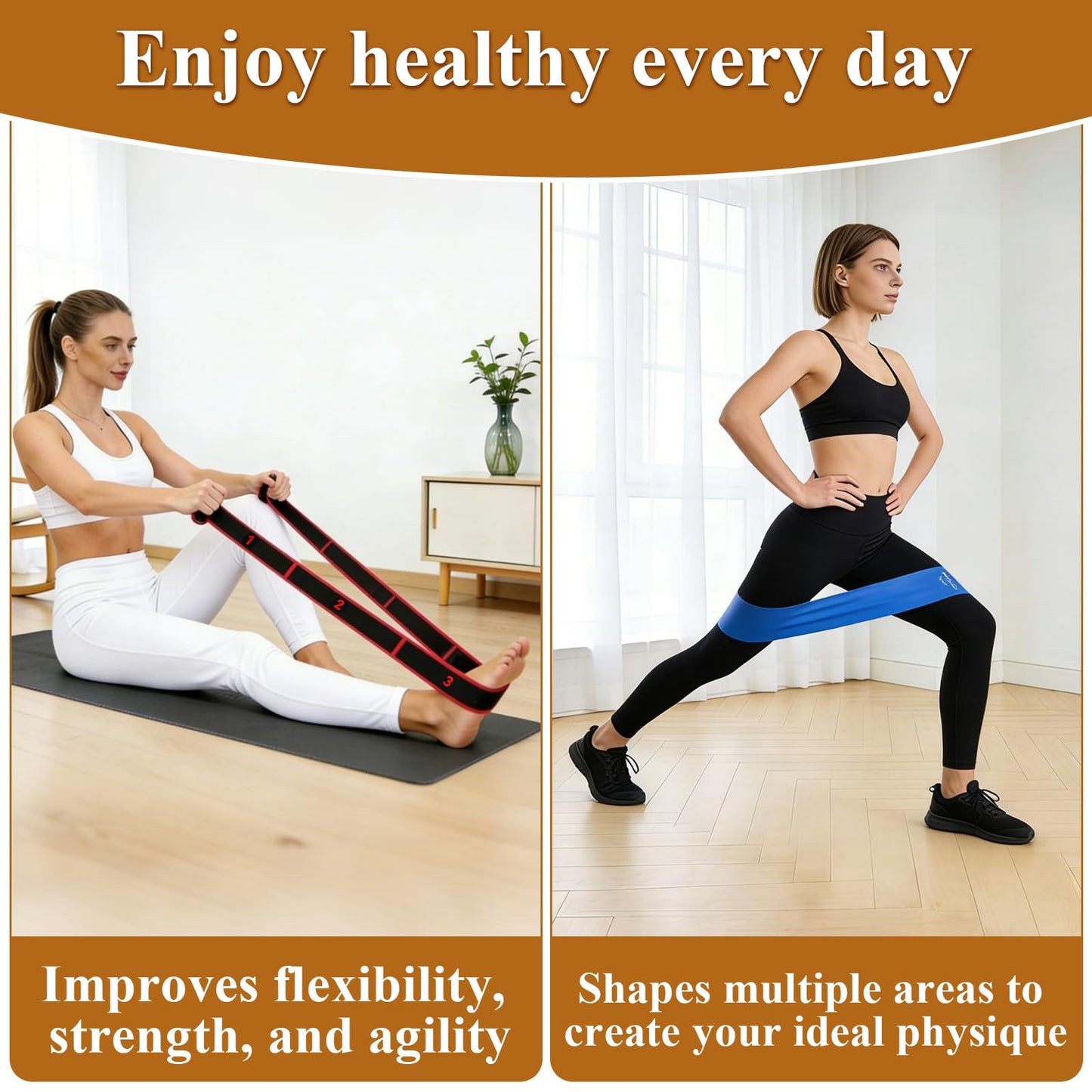 4 Pcs Fitness Resistance Band for Stretching and Yoga with 8-Level Adjustable Strap & 3 Loop Resistance Bands for Legs, Resistance Bands for Working Out, Pilates, Physical Therapy, Home Workout