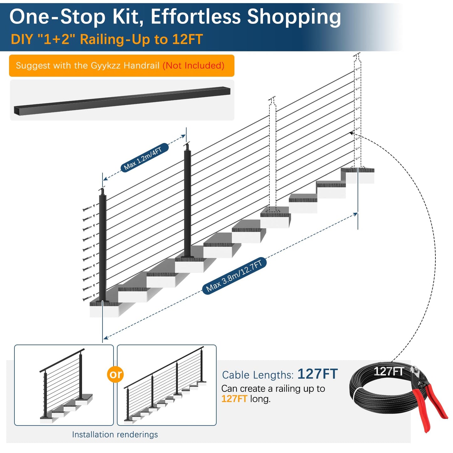 Gyykzz 4-12FT Swageless Black Stair Cable Railing Kit 36Inch 2 Stair Post Kit Fit 28-38 Degree Stairway, Cable Railing System with Patent Terminal for Staircase, Railing Kit Length Adjustable Easy DIY