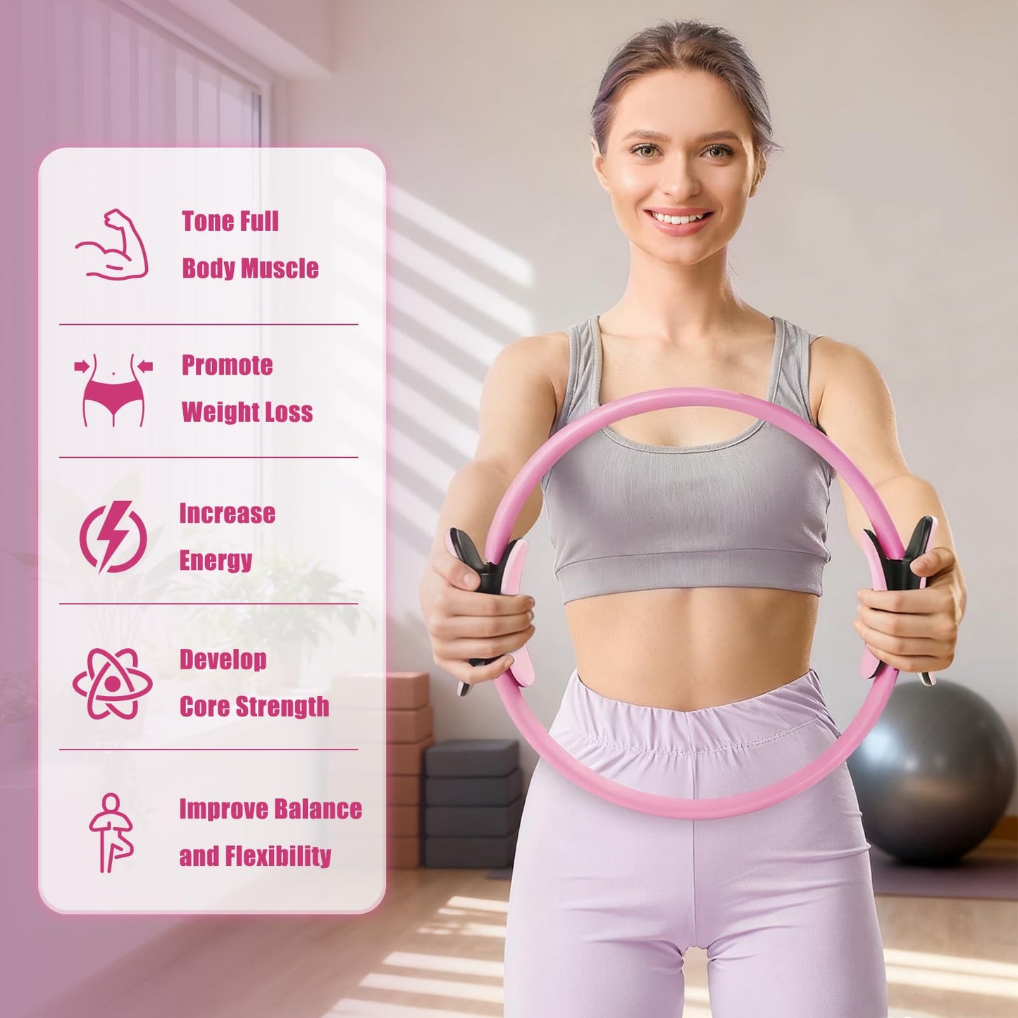 RitFit Pilates Kit - 14 Inch Pilates Ring Magic Circle with Pilates Ball, Resistance Bands & Yoga Strap, Pilates Equipment for Home Workout Toning Thighs, Arms and Core (Pink)