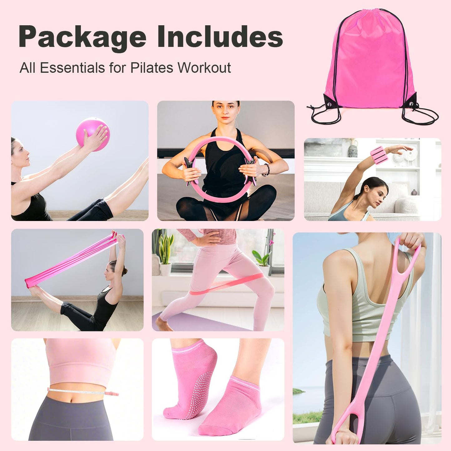 SHTALHST Home Pilates Kit 14 PCS, Pilates Ring and Ball Set with Adjustable Ankle Wrist Weights and Resistance Bands for Women Workout Set, Yoga Essentials Kit Equipment Accessories for Home Workouts
