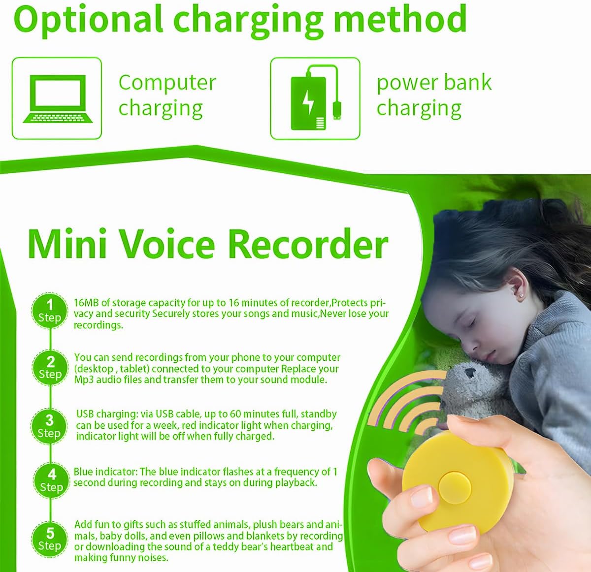 JRGKJCP 16 Minutes Voice Recorder, Record Custom Message for Crafts, Stuffed Bear, Baby Doll, and Pillow (Yellow)