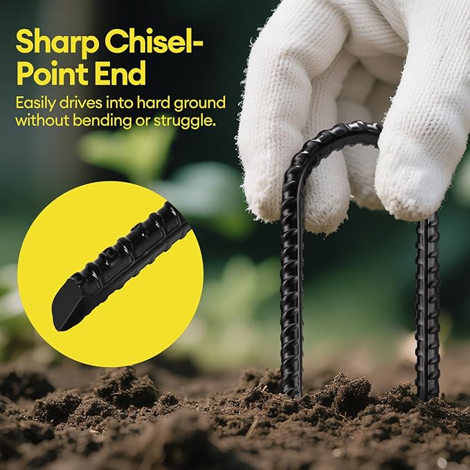 12 Inch Rebar Stakes Heavy Duty 10 Pack, U Shaped Ground Stakes, Galvanized Steel Trampoline Stakes, Tent Anchor Kit Anti-Rust, Drip Hose Wind Stakes, Black