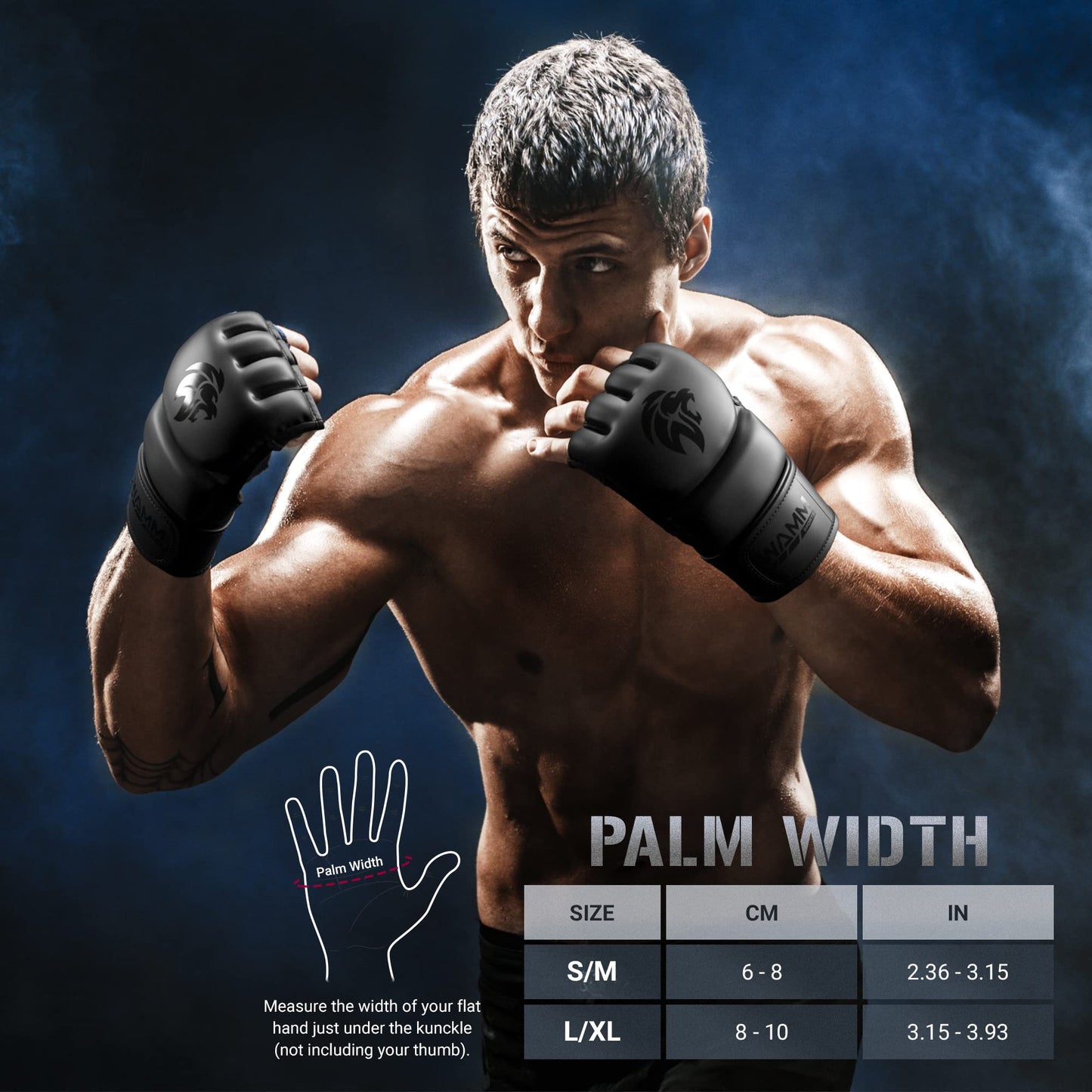 WAMM Sports MMA Gloves - for Men & Women - MAXForce EVE Anti-Injury Shock Absorb Boxing Gloves Kickboxing Gloves - Half Finger, Open Palm for Muay, Sparring, Punching Bag (Black, Large/XLarge)