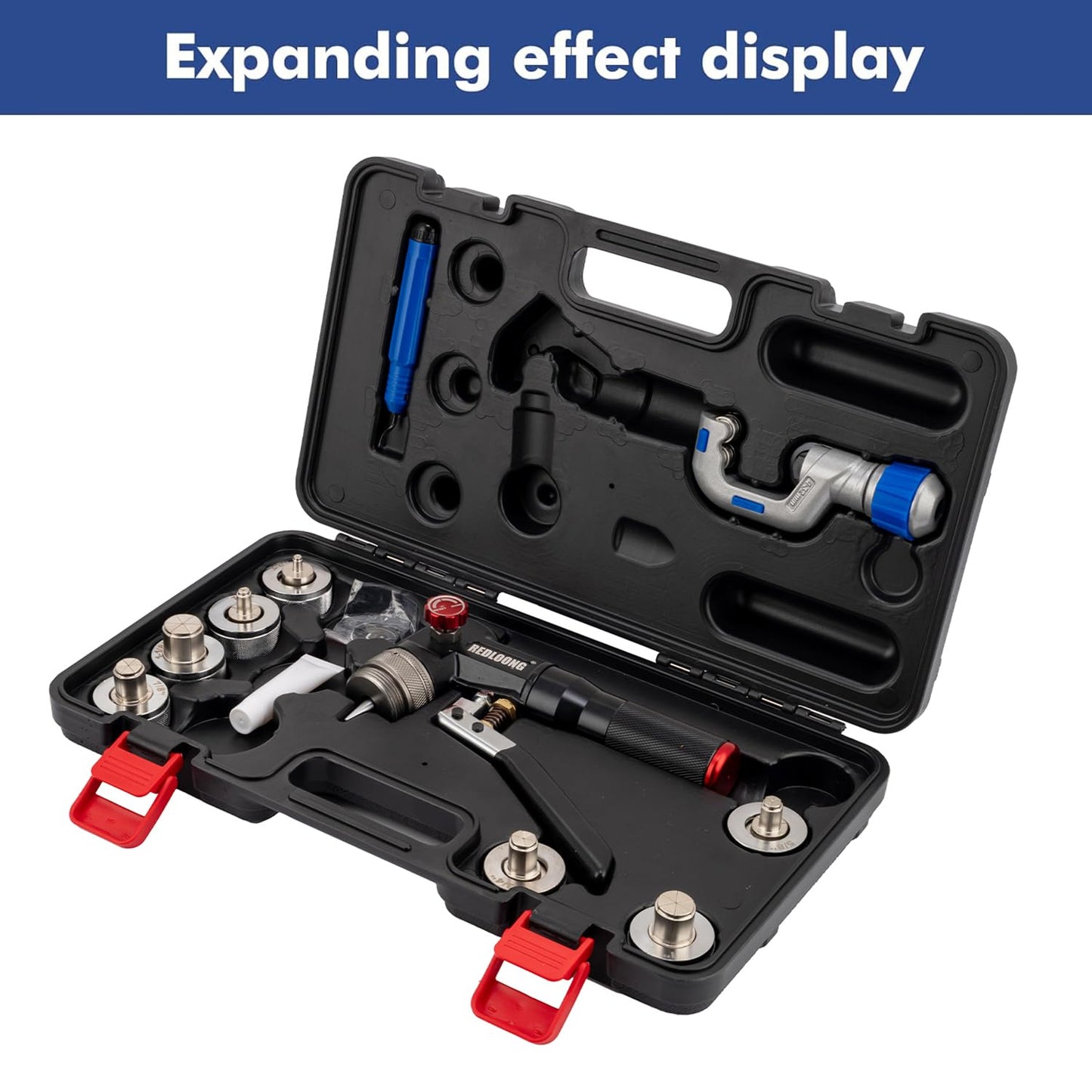 REDLOONG HVAC Hydraulic Swaging Tool Kit for Copper Tubing – Expanding 3/8" to 1-1/8" with 7 Interchangeable Heads, Portable Tube Expander for HVAC Professionals Black