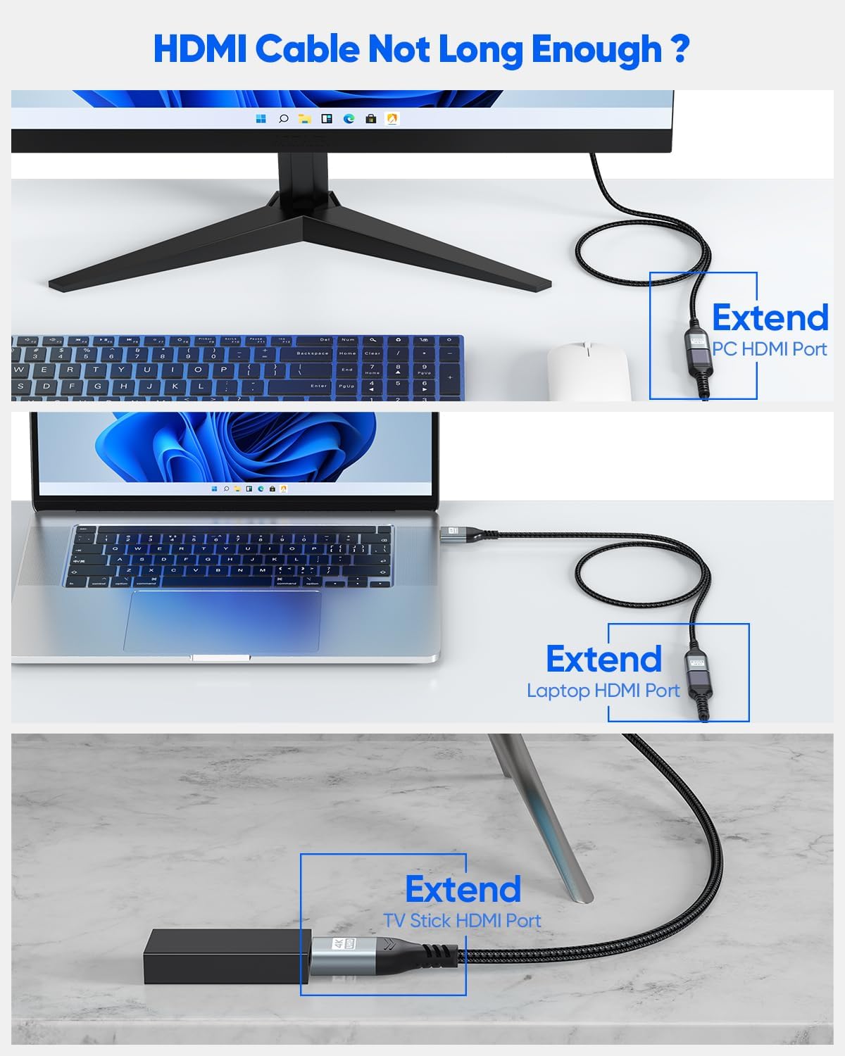 4K 3FT 2-Pack 3D, 2.2 PS5, HDMI Extender Cable HDMI Extension, High Speed HDMI Male to Female Adapter Supports ARC