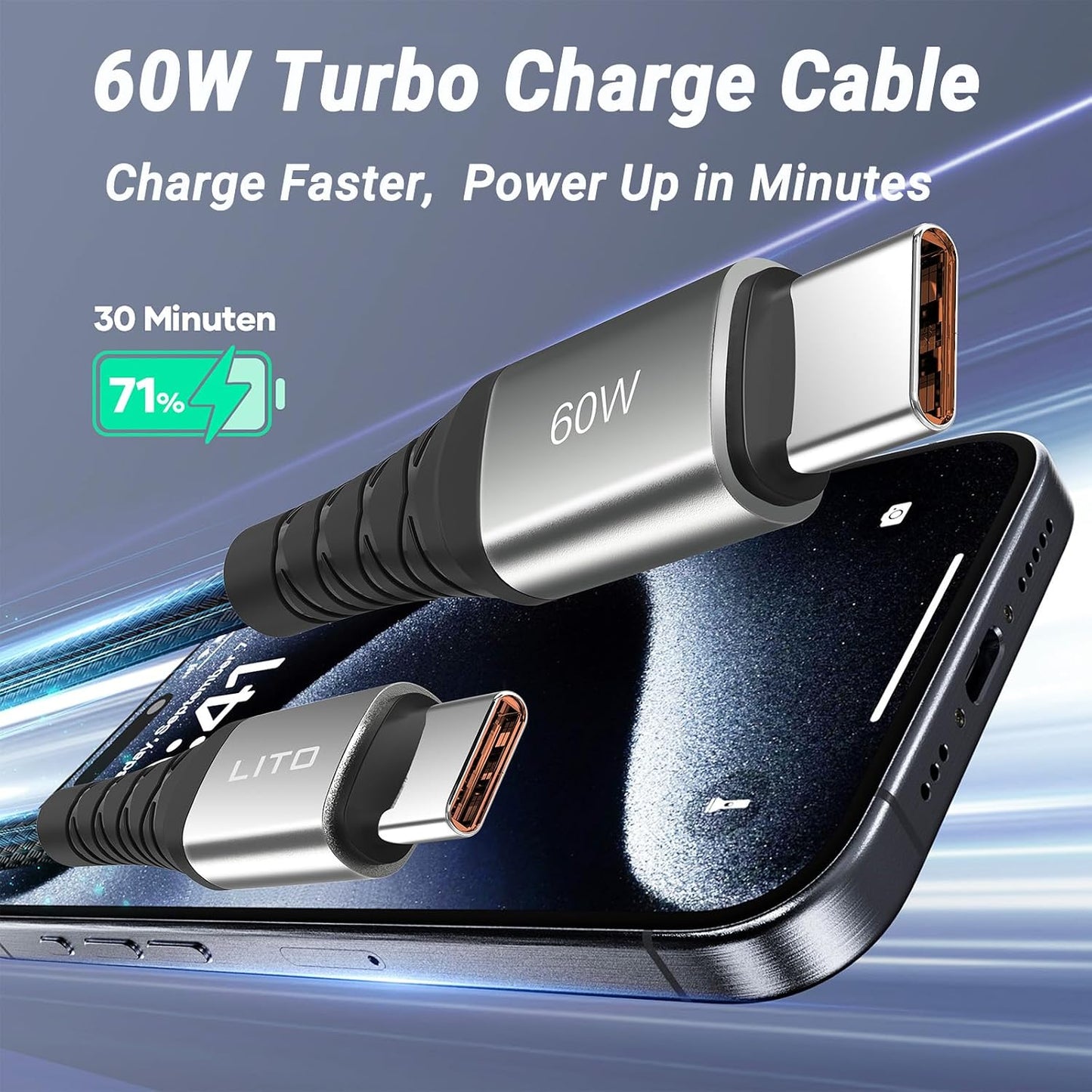 2-Pack 3.3FT, 60W 17 16 15 S25 S24, LITO USB C to USB C Cable PD Fast Charger for iPhone Pro Max, Samsung Galaxy iPad