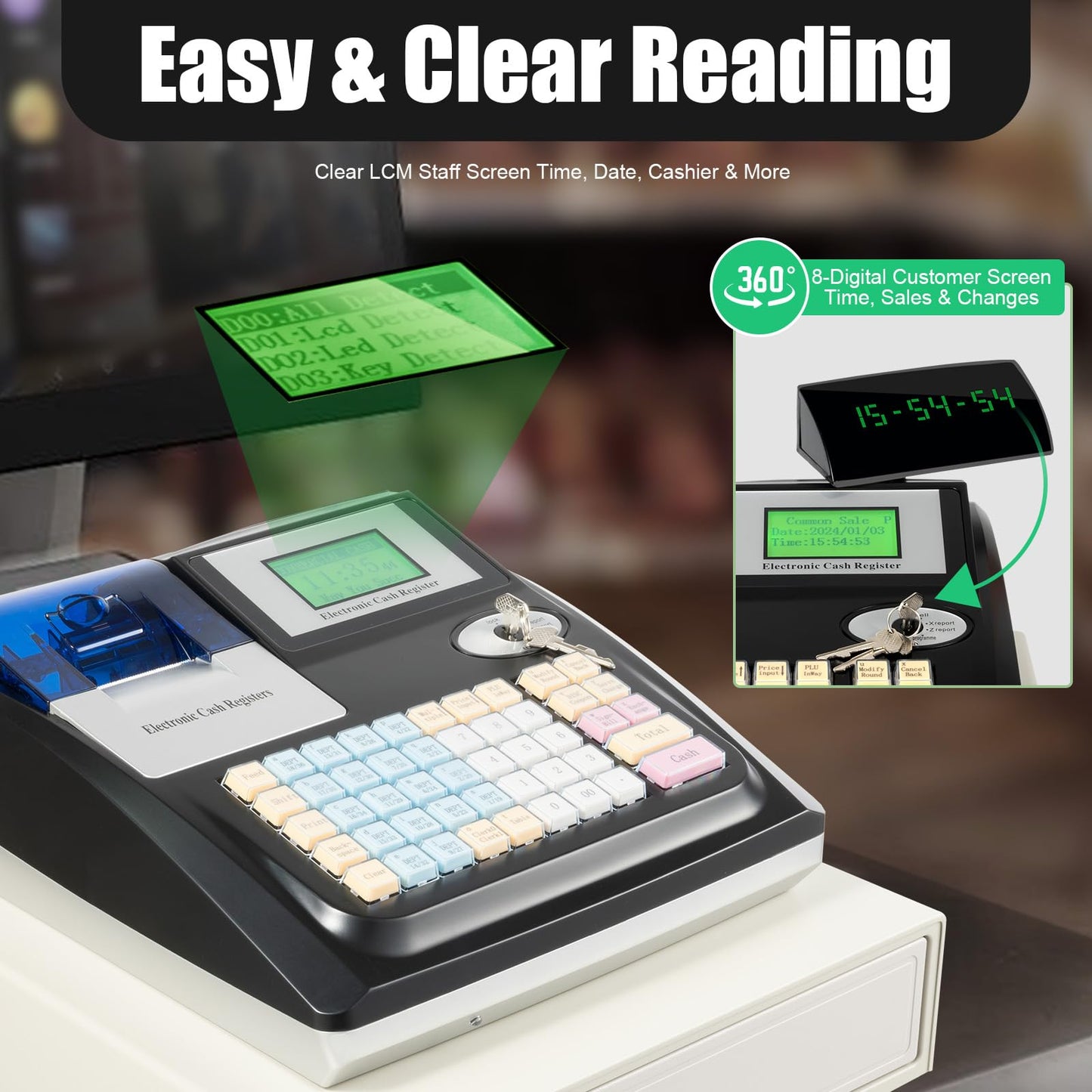 48-Key Electronic Cash Register System – Thermal Printer, Cash Drawer, LCD Displays – Secure Offline POS for Retail, Restaurant, Grocery Store, USB RS232 Connectivity (Black)