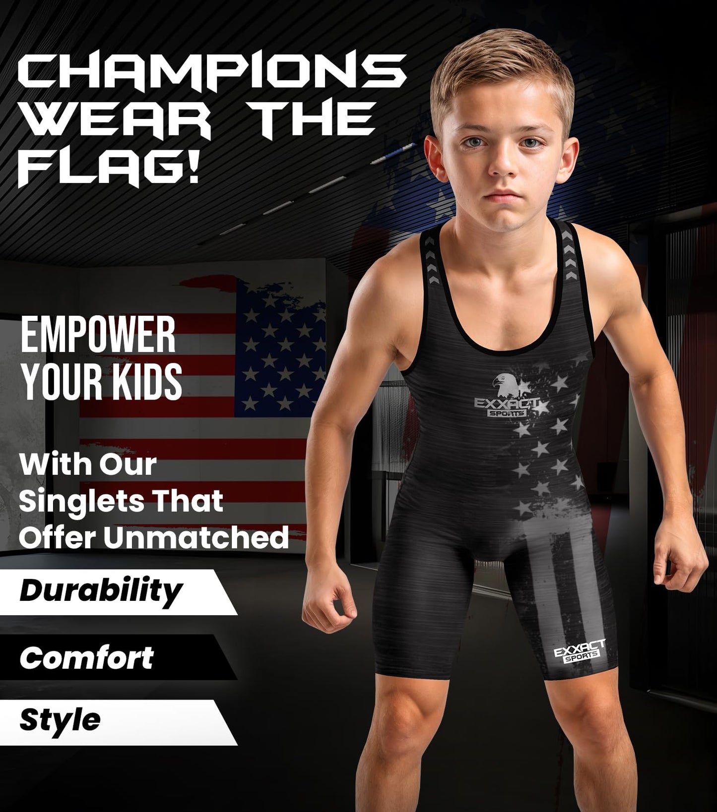 Exxact Sports Patriot Youth Wrestling Singlet For Boys, Premium Powerlifting Singlet, Kids Wrestling Singlets For Training (YXS, Black)