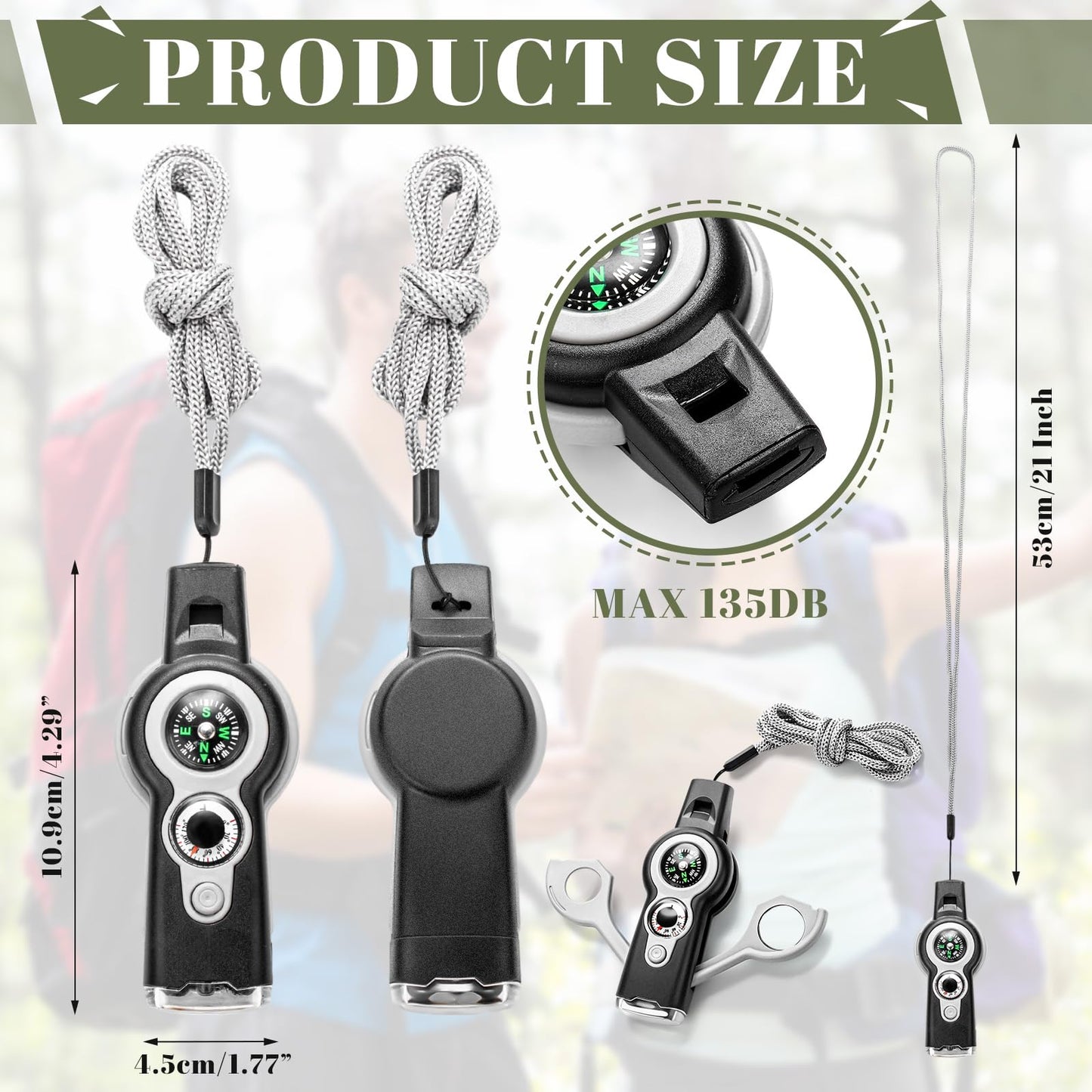 Arrowbash 12 Pack Emergency Survival Whistle 7-in-1 Compass Hiking Survival Safety Whistle with Lanyard Outdoor Multifunctional Tool Ideal for Hiking Camping Rescue Signaling(Gray)
