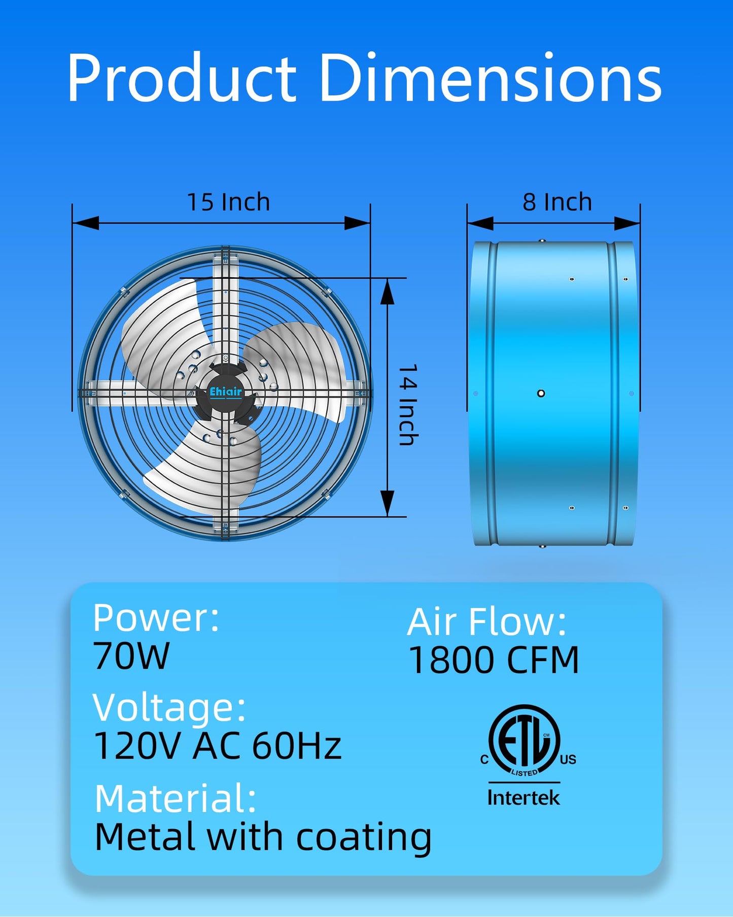 Ehiair 15" Attic Fan with Thermostat & Remote Control, 1800 CFM Gable Vent Exhaust Fan, Auto On/Off Based on Temperature, 2500 Sq Ft Coverage, 70W, 3 Speeds, 18-Hour Timer, Plug-and-Play