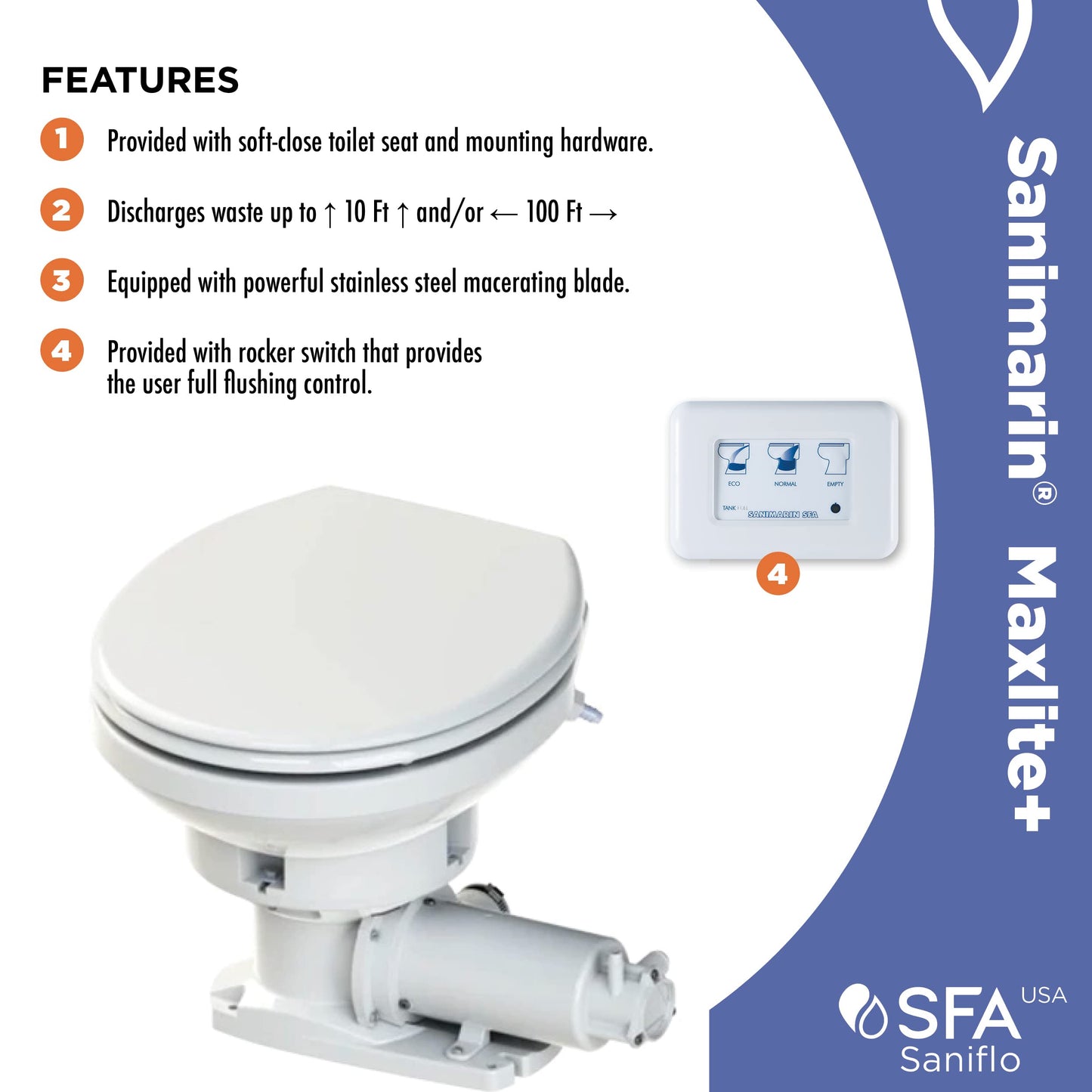 SFA SANIFLO - Sanimarin Maxlite+ - Electric Marine Macerating Toilet - Self-Priming Sea Water Pump - Low Profile Automatic Toilet System - Stainless Steel Blade - Lightweight - 24V - Made In France