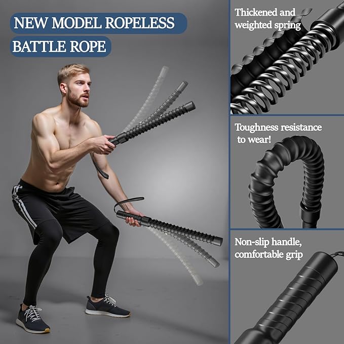 Ropeless Battle Ropes for Exercise Workout, Cordless Jump Rope, Portable Workout for Home Gym, Exercise Battle Ropes for HIIT Workouts, Low-Impact Cardio Training (2 Ropes with Gloves)