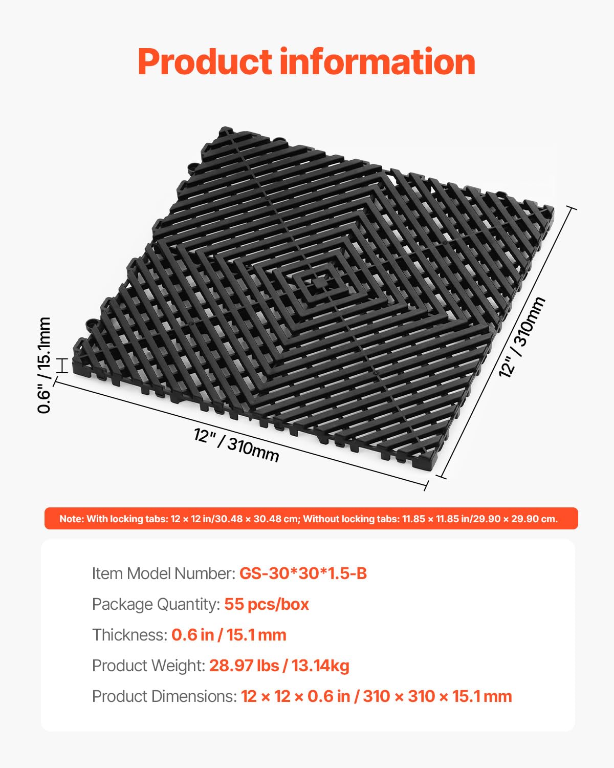 VEVOR Interlocking Drainage Mat, 12” x 12” Modular Interlocking Cushion, 55 Pcs Splicing Drainage Mats, Non-Slip PP Drainage Floor Tile and Shower Mat, for Garage, Garden, Kitchen & Outdoor, Black
