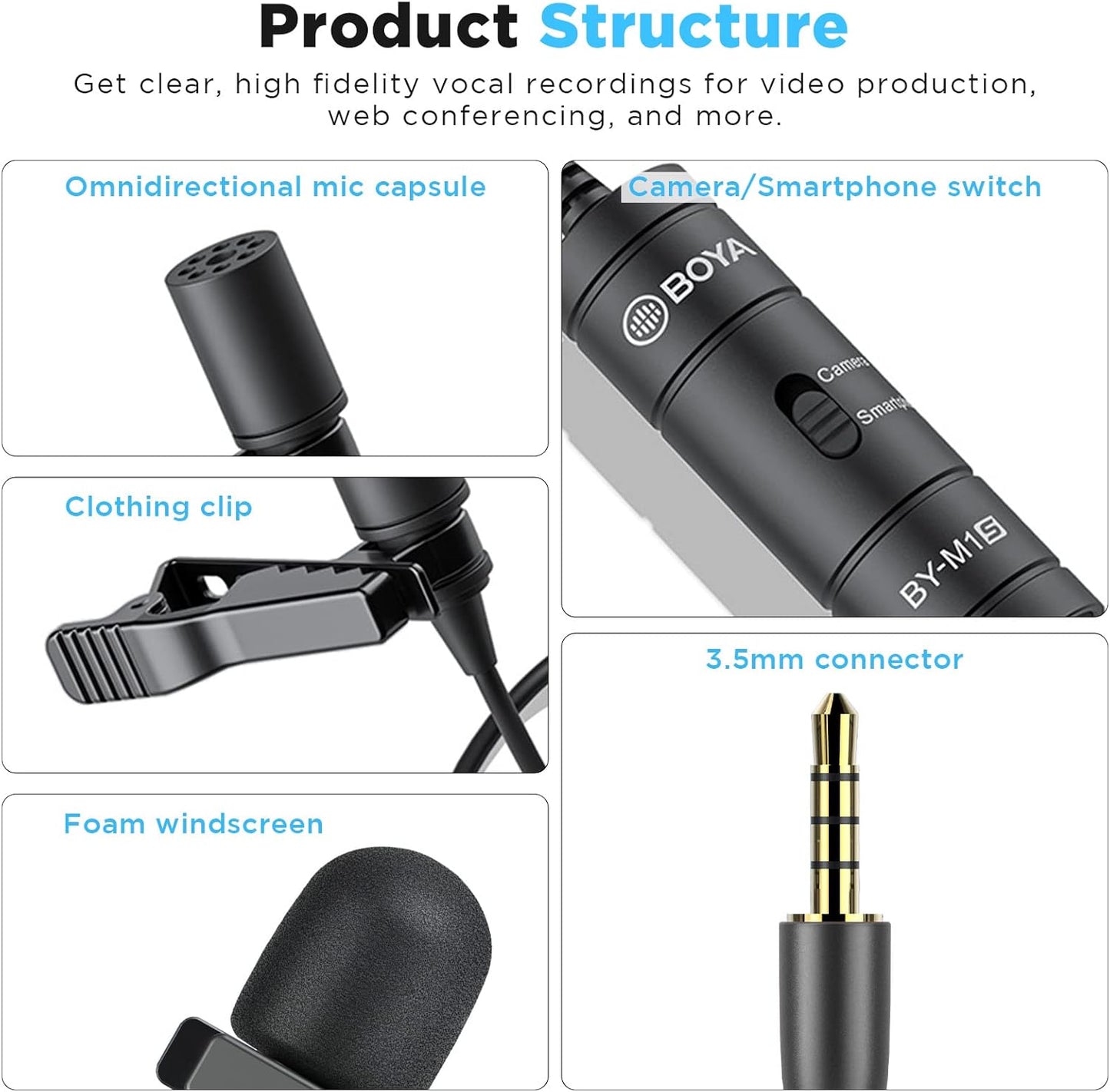 BOYA BY-M1S Professional Lavalier Lapel Microphone Omnidirectional Condenser Mic for iPhone Android Smartphone DSLR
