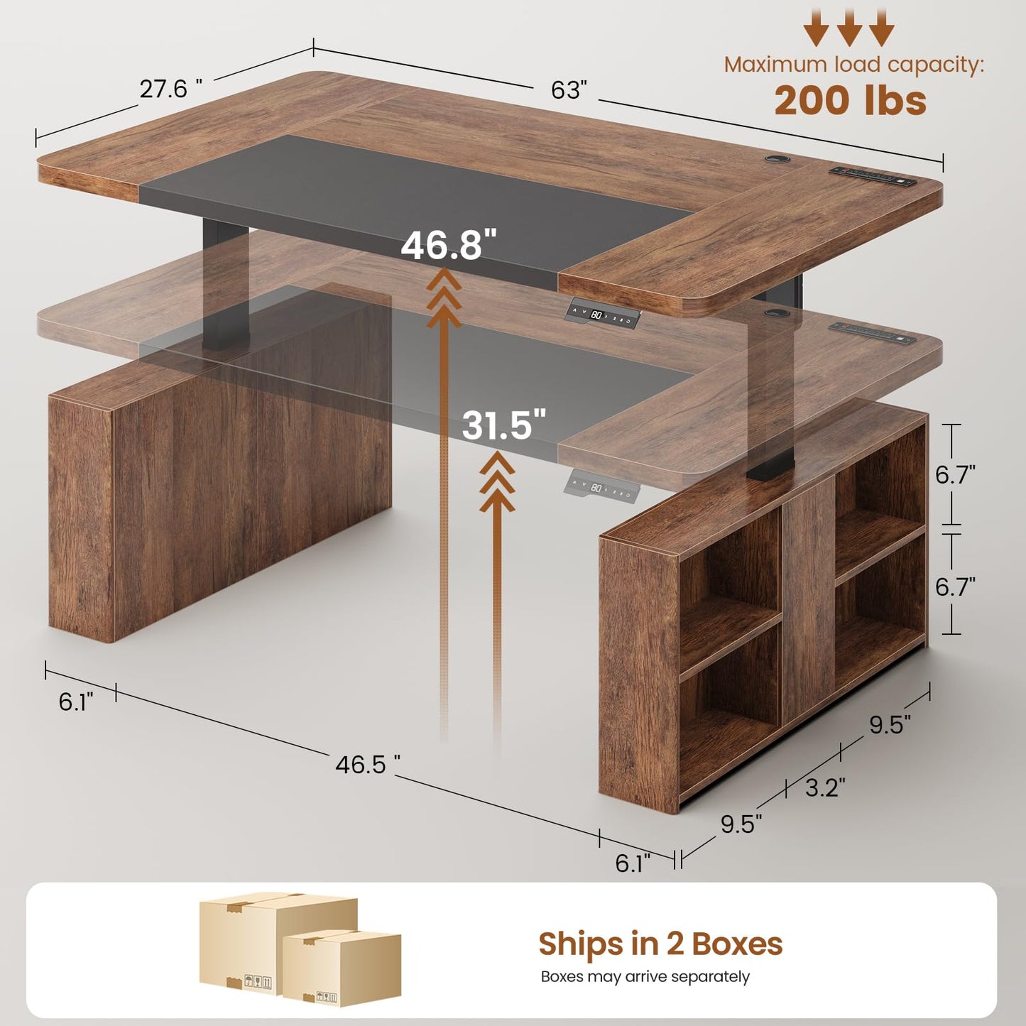 SEDETA 63" Executive Standing Desk with Storage, Executive Height Adjustable Desk with Power Outlets, Large Computer Office Desk with Privacy Panel for Home Office, Warm Golden Brown