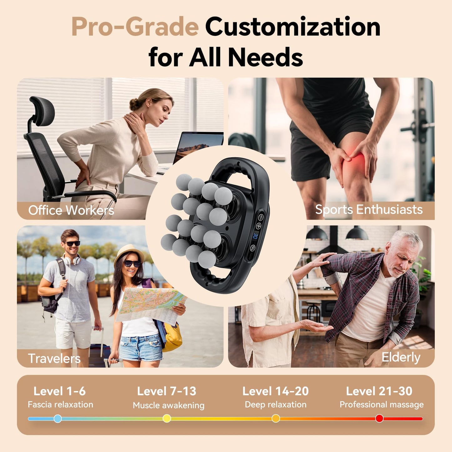 Beown 16 Head Massage Gun Deep Tissue, Back Muscle Massager with 3 Modes & 30 Intensity Levels for Legs, Waist, Back, Neck, Portable Percussion Massage Gun for Pain Relief, Ideal Gift for Women, Men