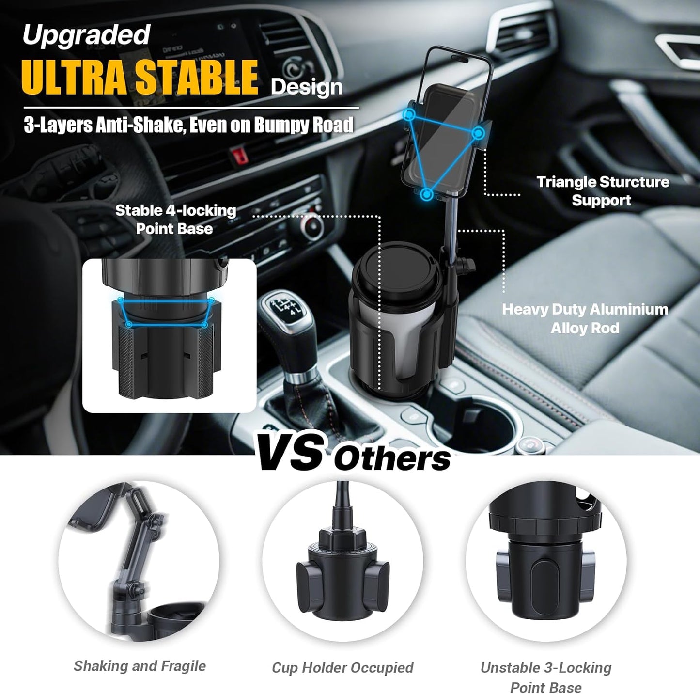 AKREDERY 2-in-1 Car Phone Mount with Cup Holder Expander - Upgraded Anti-Shake Cup Phone Holder for SUVS Trucks