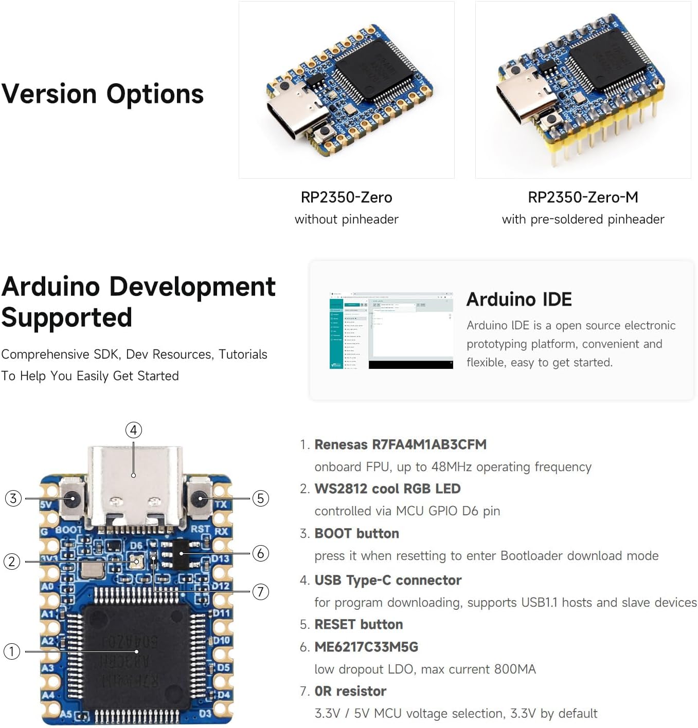 waveshare RA4M1-Zero 32-Bit MCU-RA4M1, 48MHz Mini Development Board, Based on Operating Frequency, Built-in FPU