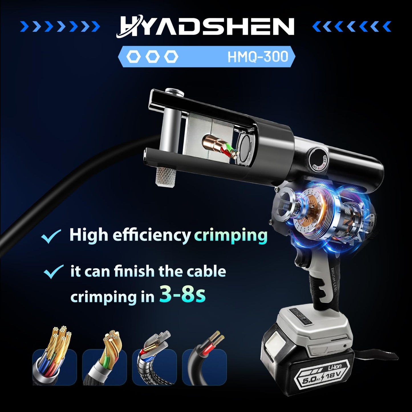 HYADSHEN Electric Hydraulic Cable Lug Crimping Tool, Hydraulic Electrical Terminal Cable Lug Wire Crimper Rechargeable Crimping Tool Kits with 11 Dies, 6 AWG to 600 MCM（HMQ-300）