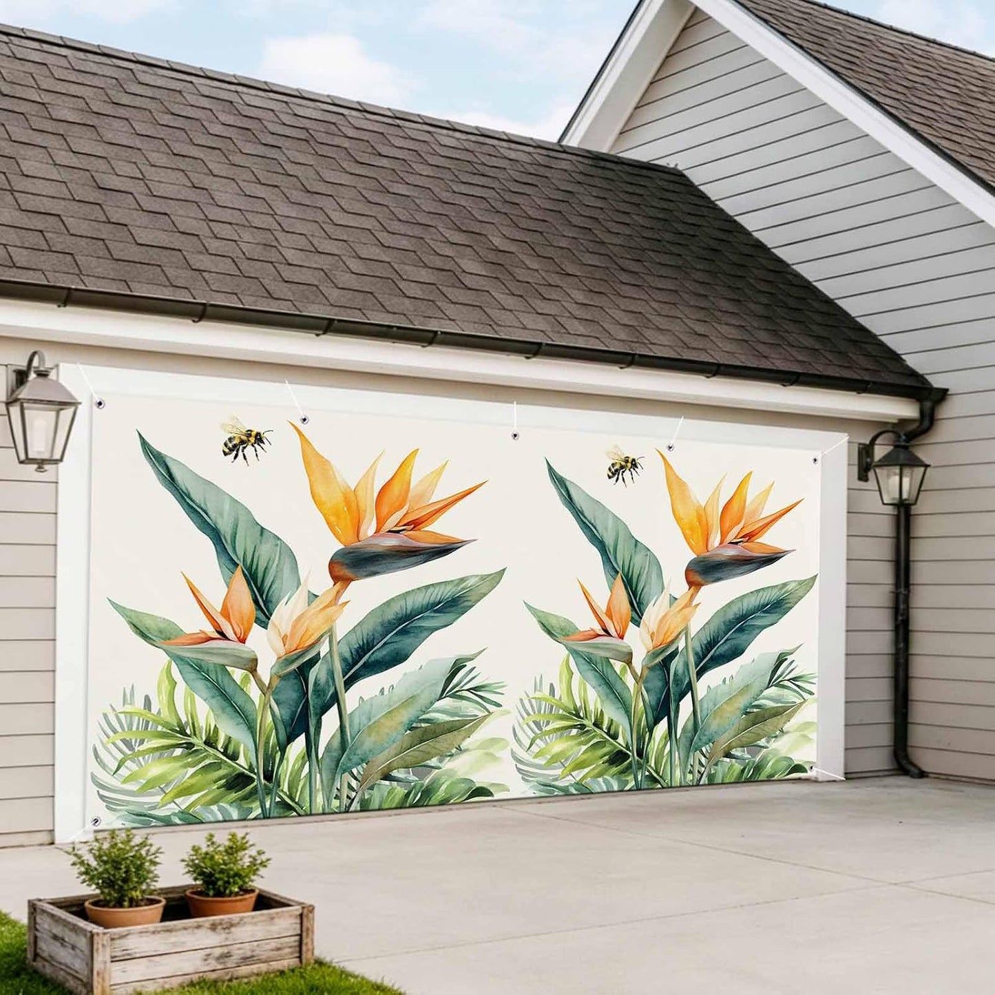 Jimehezon 8x6.9ft Summer Grommets Bird of Paradise Garage Door Banner Tropical Plant Bee Flower Botanical Garage Door