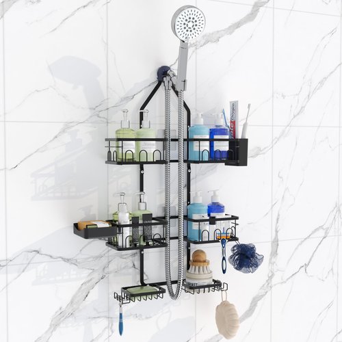 Dotpilgo Shower Caddy Hanging Upgraded Adjustable Rustproof Shower Caddy Shower Organizer for Over Handheld or Fixed Shower Heads with Hooks Soap Holder Toothbrush Holder