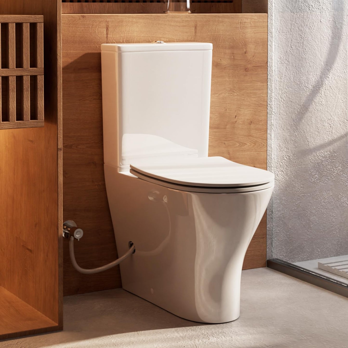 ARES 18" Tall Rear Outlet Toilet, Two-Piece Toilet with Comfort Seat & Dual Flush Water Tank, Powerful Rimless Flush with P-Trap Rear Discharge, Includes Two Types of Extension Pipes