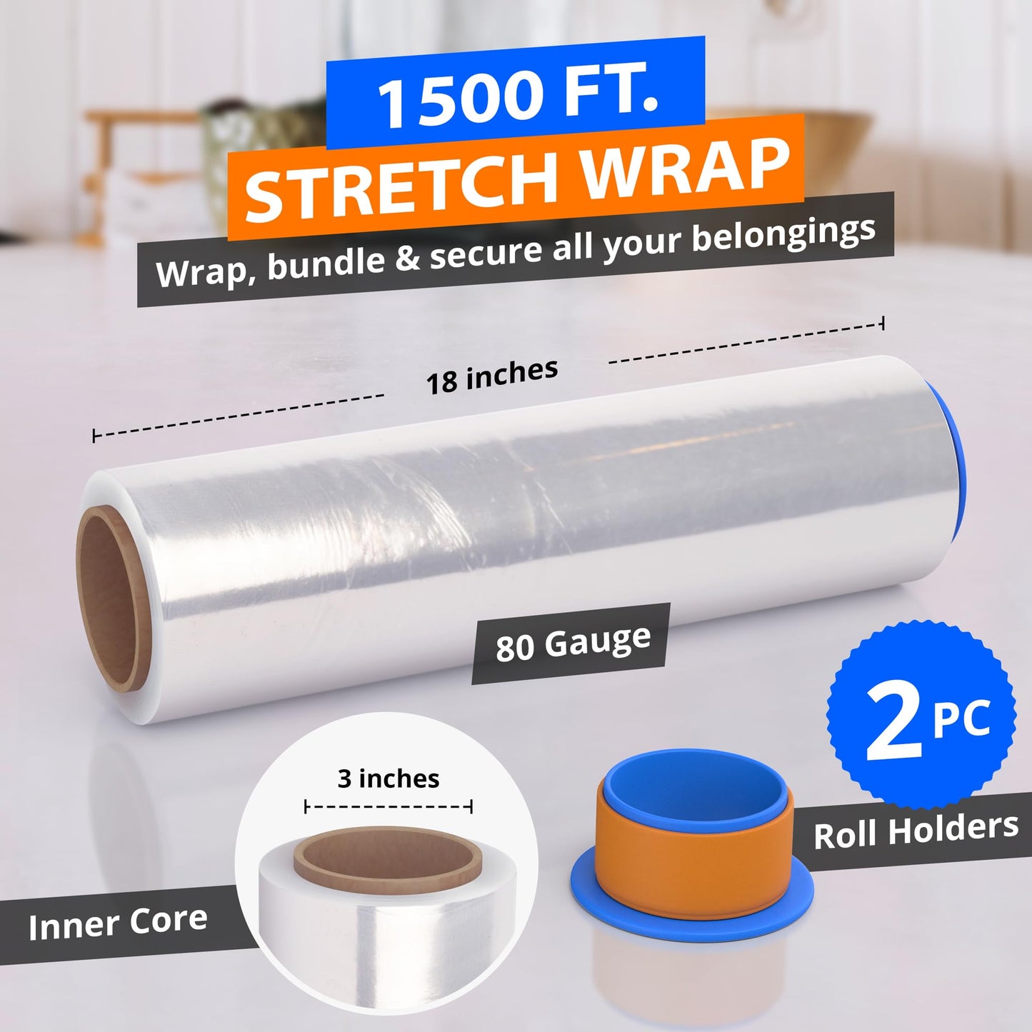 4 Rolls x 18" x 1500 Feet x 80 Gauge Clear Commercial Grade Heavy Duty Plastic Stretch Film Shrink Wrap | Industrial Strength Durable | Shipping Moving Packing Logistics | Holder Included