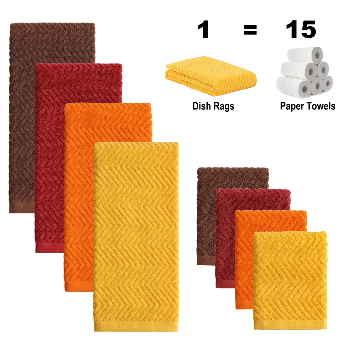 QAJ 100% Cotton Kitchen Towels and Dishcloths Set, Pack of 8 Super Absorbent 16" x 25" Kitchen Towels and 13" x 13" Dish Cloths (400 GSM)