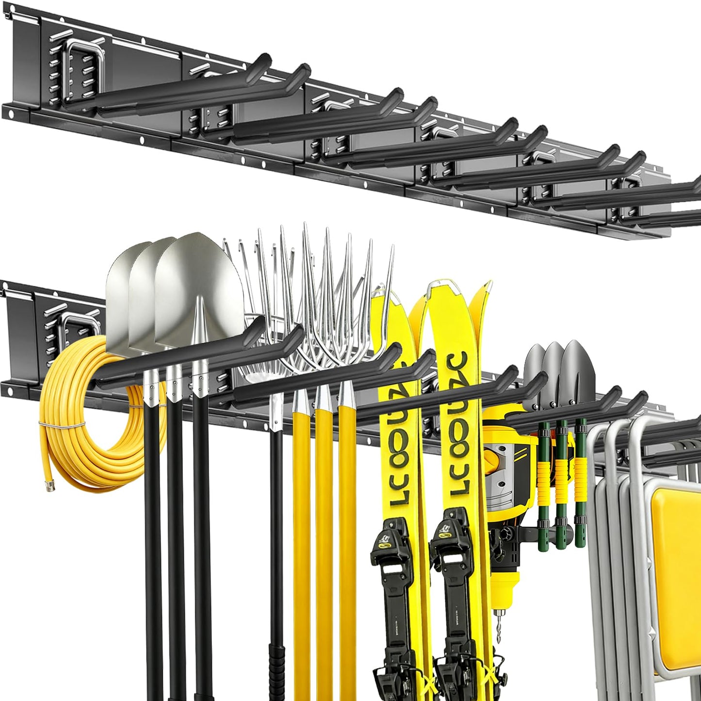 CRXCRC Garage Tool Organizer Wall Mount, 48 Inch Heavy Duty Garden Tool Organizer Storage System, Easy Install with 6 Adjustable Straight Hooks, for Garage, Basement, Shed, Workshop, Black, Steel