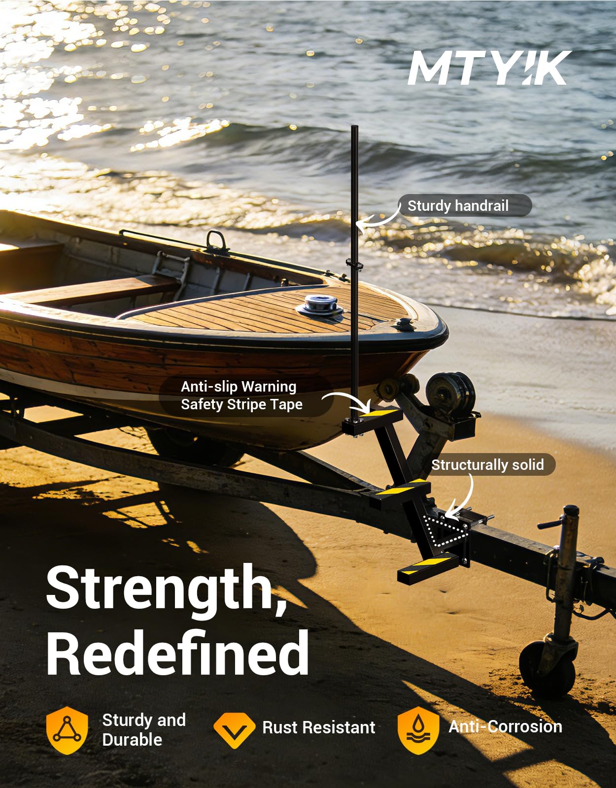 Boat Trailer Steps with Handle, Heavy Duty 3-Step Ladder for Trailer Tongue, with Non-Slip Step Pads, 500 lbs Load Capacity, Universal Fit for Most Bass Boats and Deep V Boats
