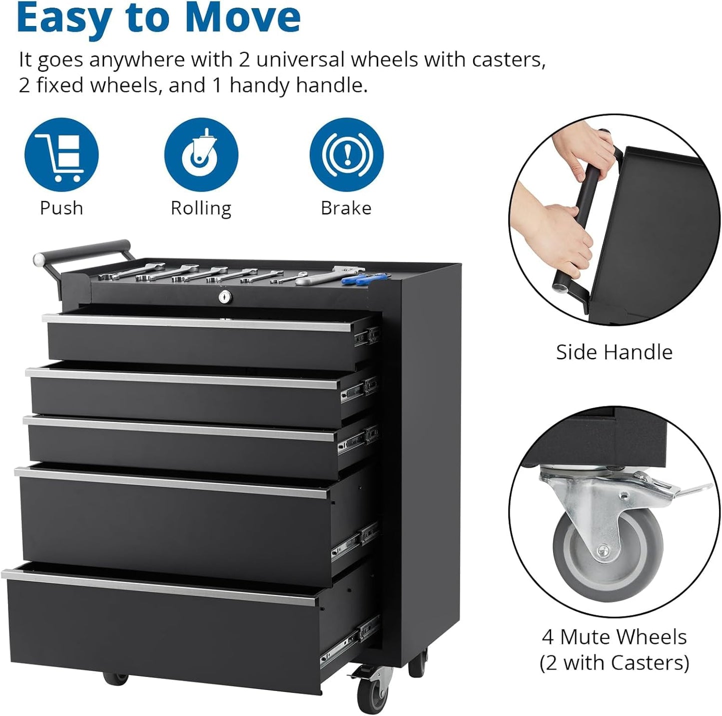 Rolling Tool Box with Wheels, 5 Drawer Tool Storage Cabinet, Portable Toolbox Organizer with Lock, Heavy Duty Tool Chest Cart for Garage, Mechanic, Workshop, Shop, Mobile Tool Organizer, Black