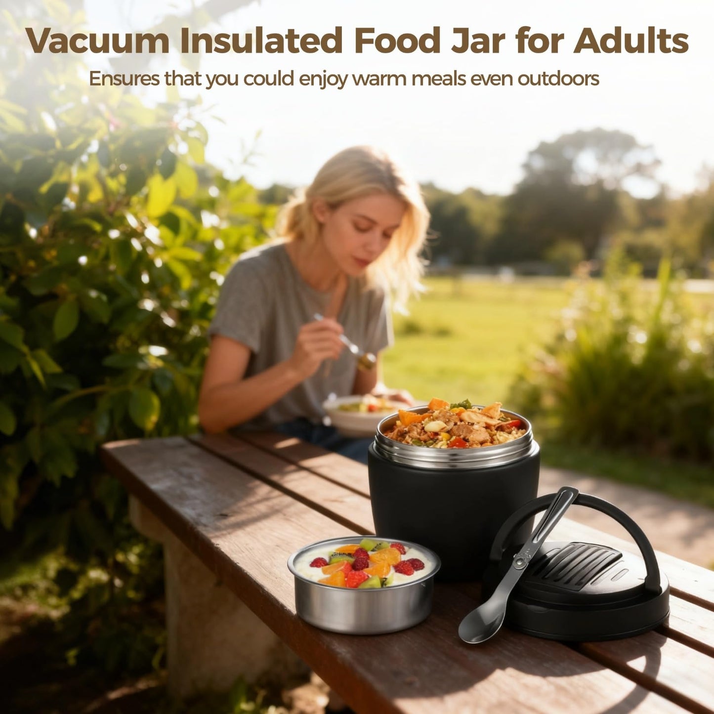 Insulated Container for Hot Food Adults, 1.2 L / 40.6 fl oz Stainless Steel Vacuum Insulated Food Jar, 5.3x5.3x5.1 in Wide Mouth Lunch Container with Insulated Bag, Foldable Spoon