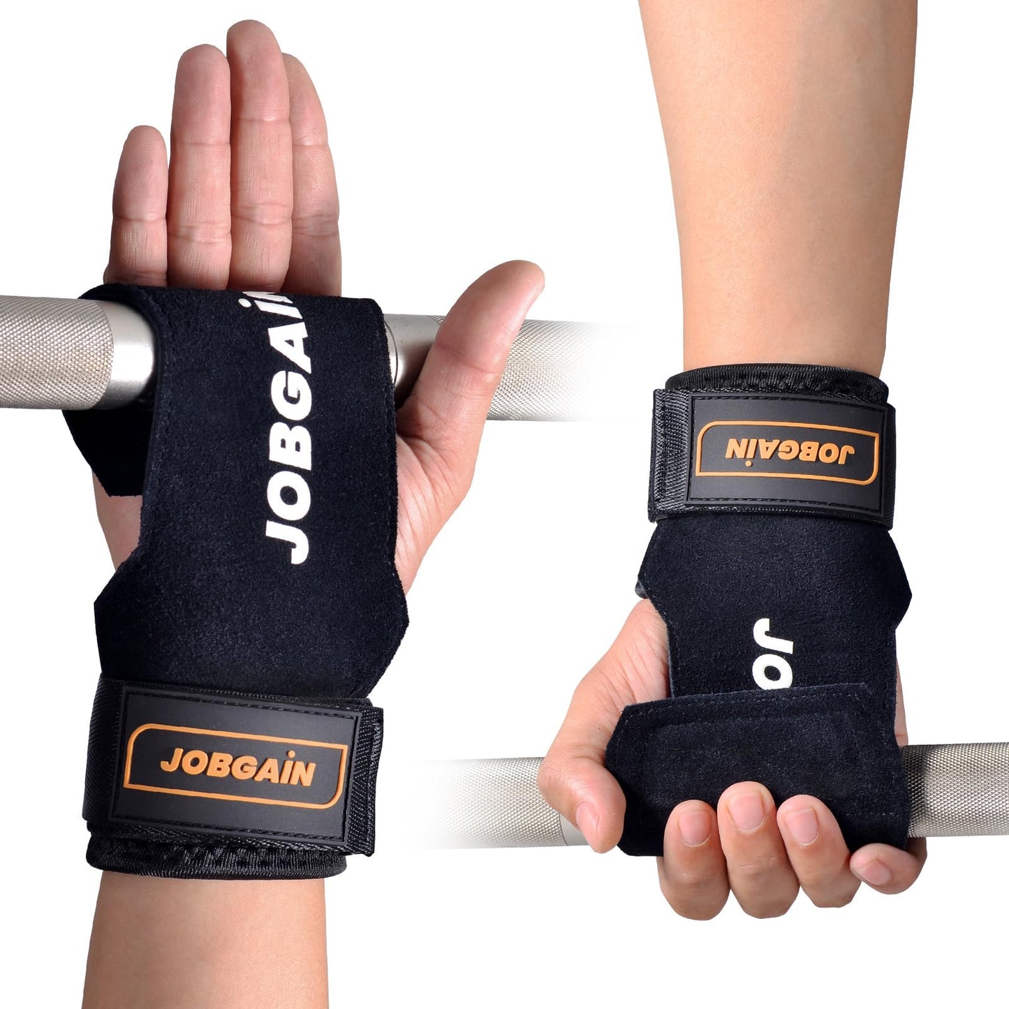 JOBGAIN Weight Lifting Wrist Straps, Double Layer Leather Wrist Strap for Deadlift and Powerlifting, Adjustable Neoprene Padded Wrist Wraps, for Men & Women, 1 Pair, Black