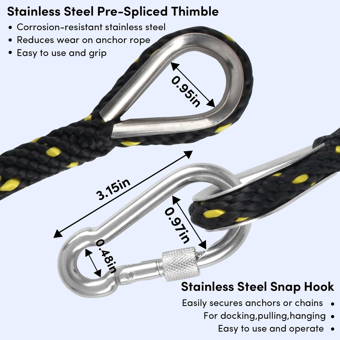 BALAVA Anchor Rope 50FT x 3/8in,Premium Solid MFP Braided Anchor Rope Anchor Line,Boat Anchor Rope with Stainless Steel Thimble & Snap Hook,Boat Rore Marine Rope for Anchors and Boats(Black/Yellow)