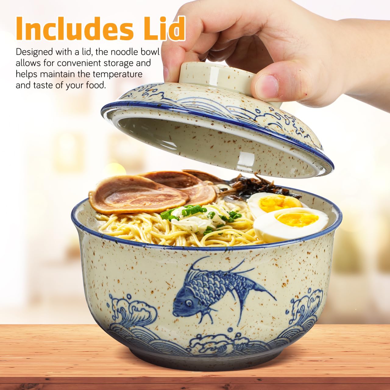 CALLARON 26 oz Ceramic Ramen Bowl, Japanese Noodle Bowls Set of 2, Large Soup Bowl with Lid, Spoons and Chopsticks, Vintage Ramen Dish for Pho, Udon, Noodles, 6 inch, Microwave Dishwasher Safe