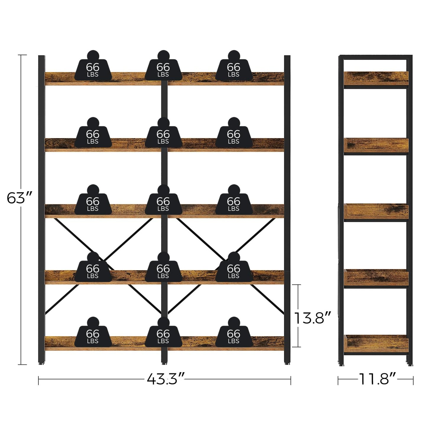Seventable Bookshelf 5 Tier with 4 Hooks, 63” Industrial Wooden Bookcase, Vintage Storage Rack with Open Shelves, Rustic Standing Bookshelves Metal Frame 43.3” Wide Display Rack, Rustic Brown