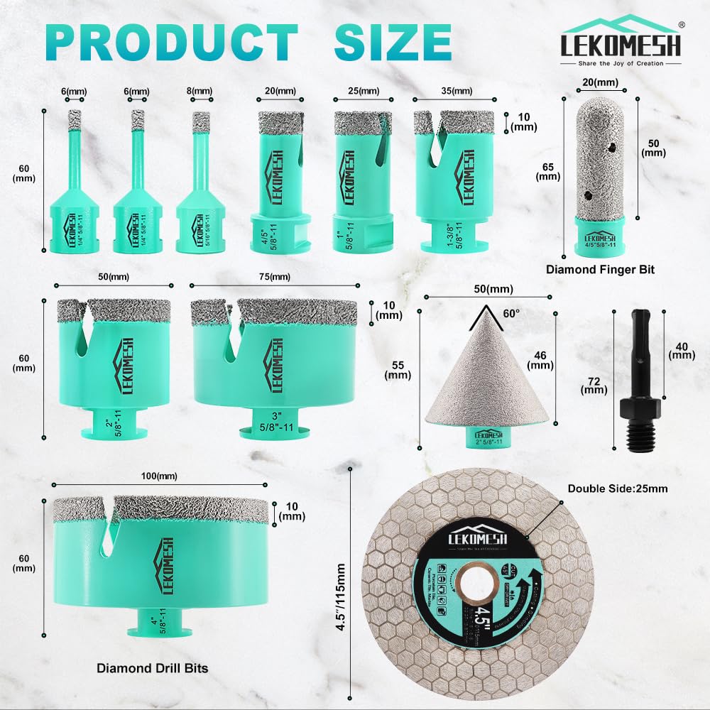 LEKOMESH Tile Hole Saw Kit for Porcelain -(6/6/8/20/25/35/50/75/100mm+Finger Bit+Chamfer Bit+Adapter+Tile Blade) Diamond Tile Drill Bits Precision Cutting for Ceramic Marble Brick Granite