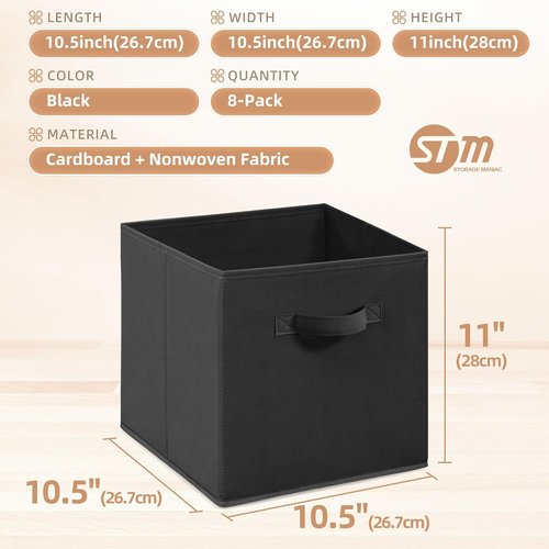 **Storage Maniac 11-Inch Collapsible Storage Cubes - Durable Fabric Bins for Closet & Office | 8-Pack Black**